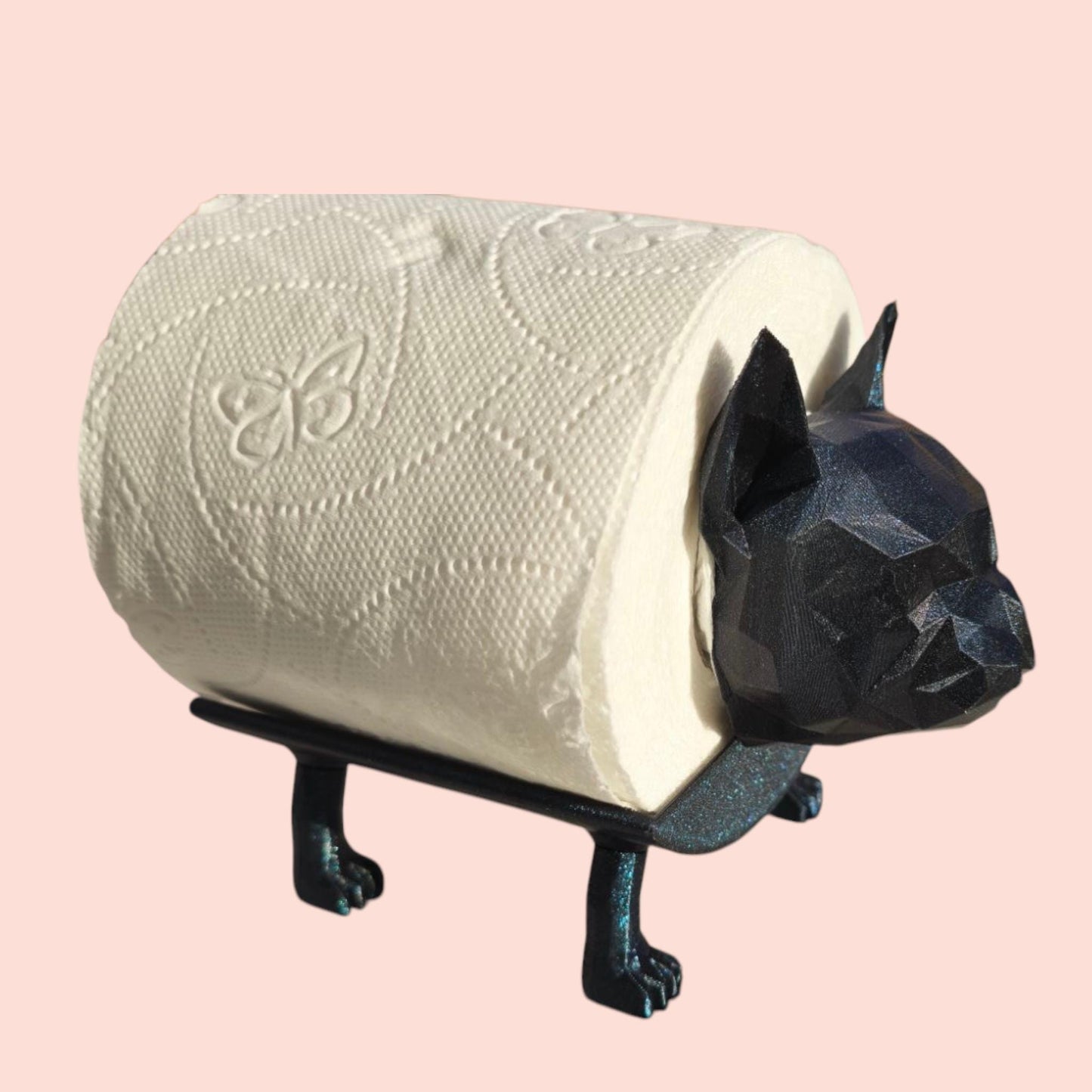 Poly Frenchie Dog Toilet Roll Holder – 3D Printed Fun Bathroom Decor – Blue Glitter Finish